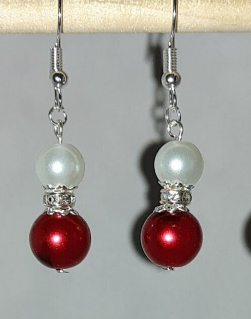 Handmade Christmas Ornament Dangle Earrings Red White Rhinestone #C103
